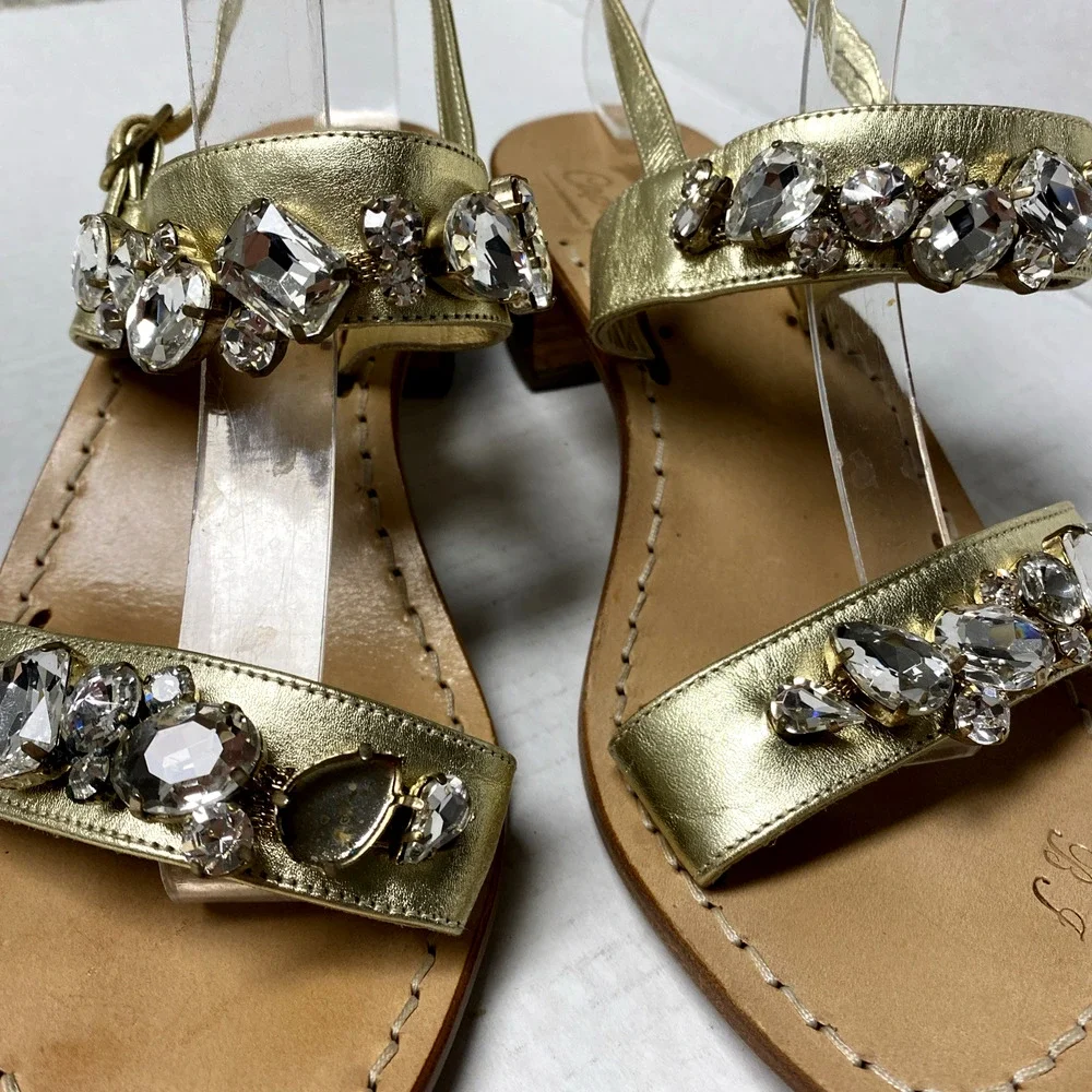 Capri Chic Sandal Gold Leather Crystal Rhinestone Open Toe Block Heel Two Strap